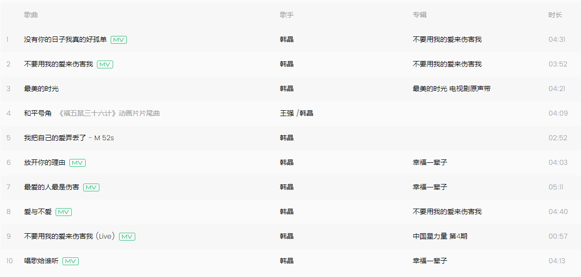 韓晶的歌曲